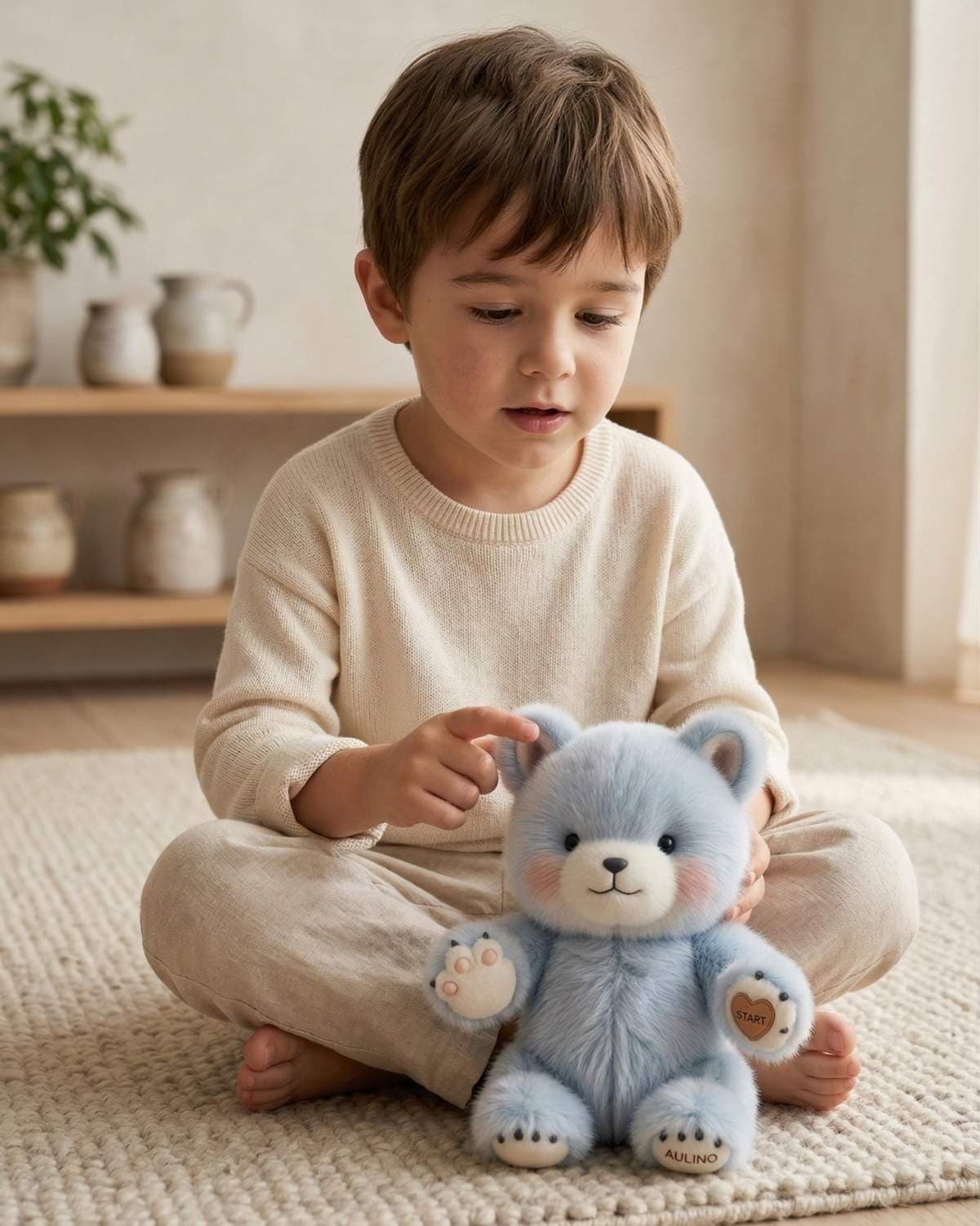 Child speaking softly to Aulino at bedtime — naming feelings during the daily emotional regulation ritual